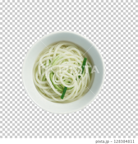 Somen - Thin wheat noodles typically served chilled with a light dipping sauce during the summer months. The noodles are 128384811