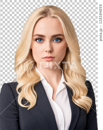 Young woman with long wavy blonde hair and deep blue eyes, a serious look. She wears a formal black dress 128384859