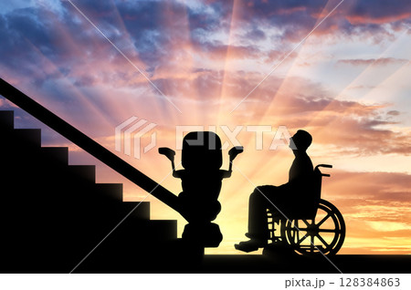 Disabled in wheelchair intends to climb elevator for disabled Disabled in wheelchair intends to climb elevator for disabled 128384863