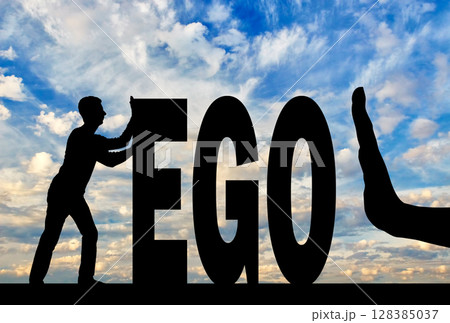Gesture of the hand stop and silhouette of the man pushing the word ego Gesture of the hand stop and silhouette of the man pushing the word ego 128385037