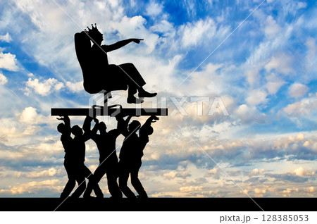 Concept of a selfish man with a crown on his head sitting in a chair and his subordinates Concept of a selfish man with a crown on his head sitting in a chair and his subordinates 128385053