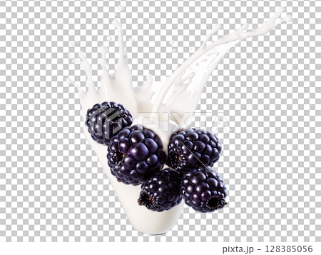 Blackberry Blackberries tumbling into milk with dark purple juice splashing out, creating a bold contrast with the milk splash. 128385056
