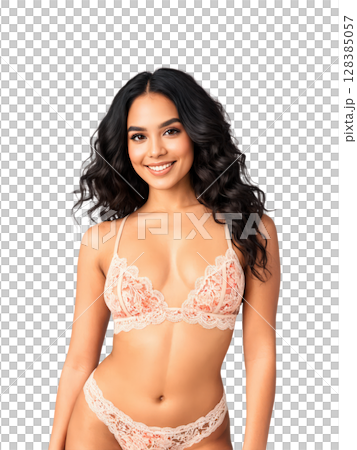 Pacific Islander woman with long black hair in loose curls, caramel eyes sparkling with joy, and a carefree smile, wearing 128385057