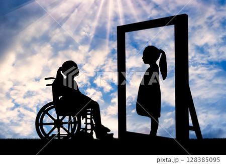 A disabled girl and her healthy reflection in the mirror A disabled girl and her healthy reflection in the mirror 128385095