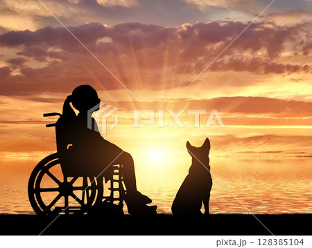 A disabled child in a wheelchair and her dog on a background of sea sunset 128385104