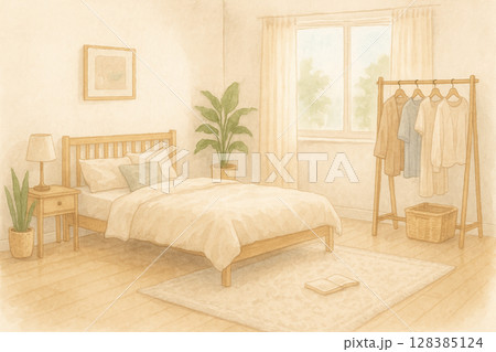 寝室　洋服ラック　観葉植物　水彩イラスト 128385124
