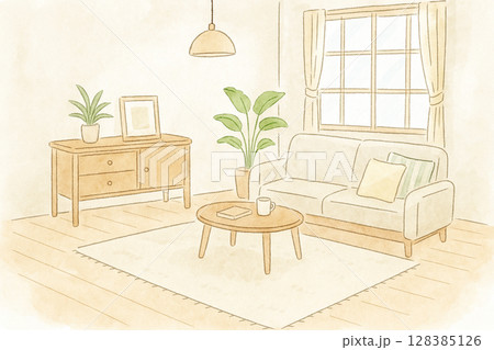 リビング　シンプル　ナチュラル　インテリア　水彩イラスト 128385126