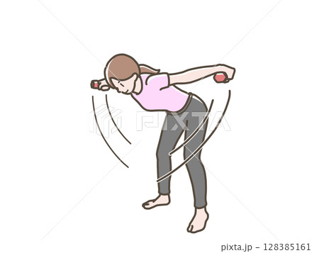 ダンベル体操をする女性のイラスト 128385161