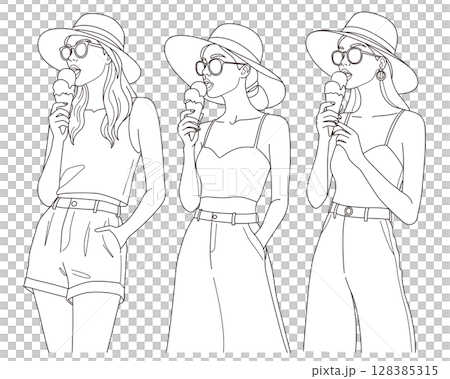 Three women eating ice cream, monochrome 128385315