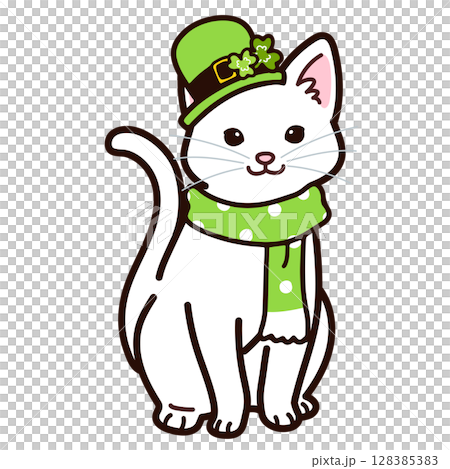 一隻扮成聖派翠克的白貓的插圖 一隻扮成聖派翠克的白貓的插圖 128385383