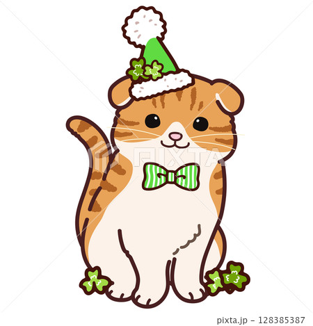 セイントパトリックの衣装を着たスコティッシュフォールドのイラスト セイントパトリックの衣装を着たスコティッシュフォールドのイラスト 128385387