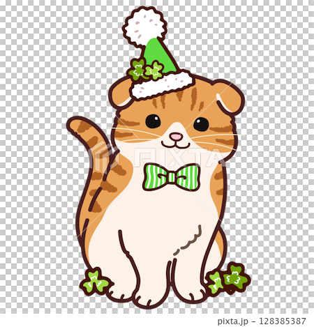 セイントパトリックの衣装を着たスコティッシュフォールドのイラスト セイントパトリックの衣装を着たスコティッシュフォールドのイラスト 128385387