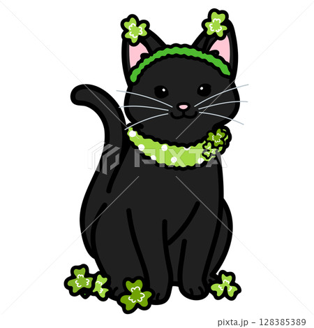 セイントパトリックの衣装を着た黒猫のイラスト セイントパトリックの衣装を着た黒猫のイラスト 128385389