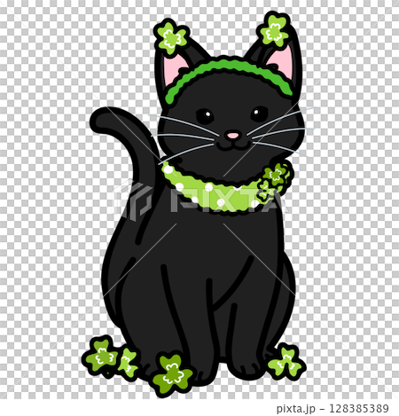 セイントパトリックの衣装を着た黒猫のイラスト セイントパトリックの衣装を着た黒猫のイラスト 128385389