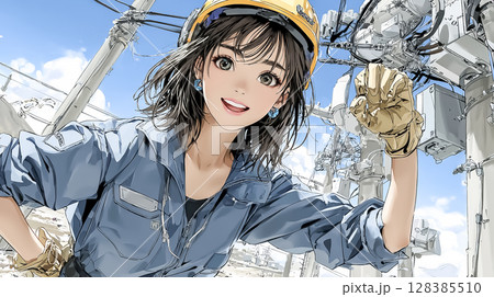 電信柱の上で電気工事をする女性のイラスト素材 128385510