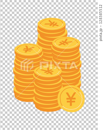 円マーク付きコインの山のイラスト 128385512