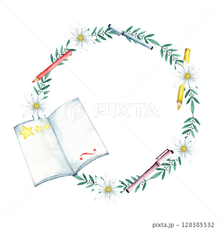 Wreath with daisies, pens, pen-drawing book for creative inspiration. Round template for start of school year. Back to school. Copy space. Watercolor illustration. Hand drawn. Education concept 128385532