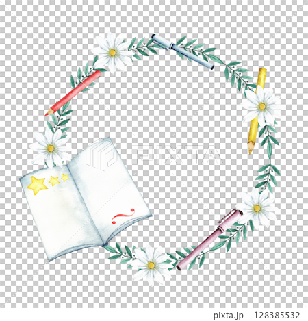 Wreath with daisies, pens, pen-drawing book for creative inspiration. Round template for start of school year. Back to school. Copy space. Watercolor illustration. Hand drawn. Education concept 128385532