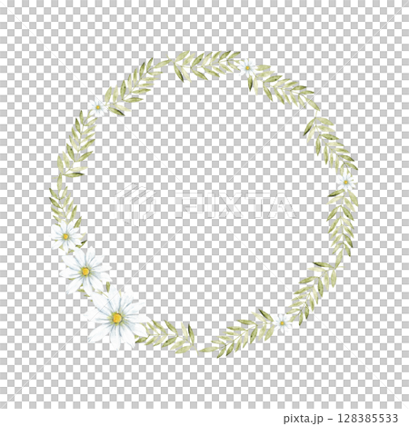 Elegant green and white floral wreath design. Isolated botanical frame. Template for first communion, baptism, wedding, birthday greeting cards, invitation, save the date. Copy space 128385533