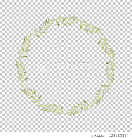 Elegant light green leaf wreath for decorative designs. Isolated botanical frame. Circle template for first communion, baptism, wedding, birthday greeting cards, invitation, save the date. Copy space 128385534