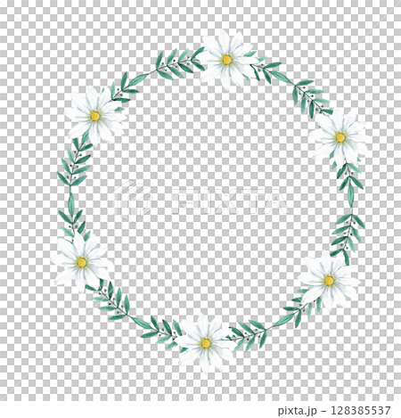 Elegant floral wreath with white flowers, green leaves for decorative designs. Template for first communion, baptism, wedding, birthday greeting cards, invitation, save the date. Copy space. Isolated 128385537