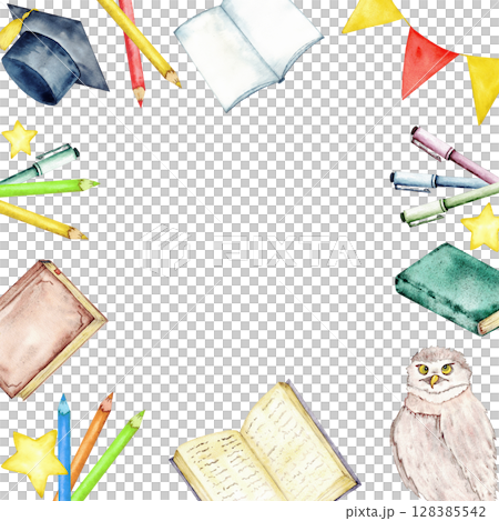Creative back to school square frame with educational supplies for classroom design. Template for start of school year. Circle template. Copy space. Watercolor illustration. Hand drawn. Isolated Creative back to school square frame with educational supplies for classroom design. Template for start of school year. Circle template. Copy space. Watercolor illustration. Hand drawn. Isolated 128385542