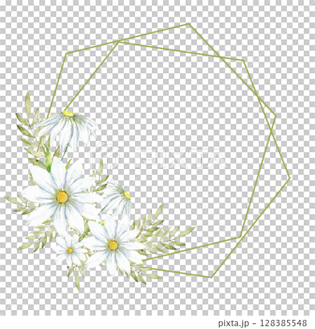 Floral green frame with daisies for spring design and decoration. Template for first communion, baptism, wedding, birthday greeting cards, invitation, save the date. Copy space 128385548