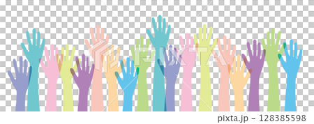 Raise your hands, many hands, raising your hands, live, colorful, vector 128385598