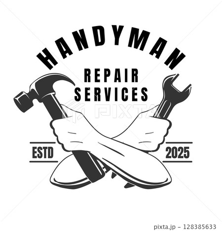 Crossed hands holds hammer and wrench 128385633