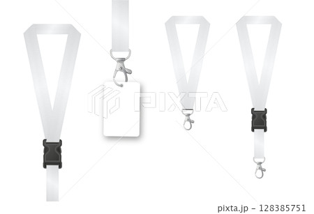 Badges Lanyard design. Identification card with ribbon. Metal closure and card with plastic. Accreditation for events congresses and companies. Vector 128385751