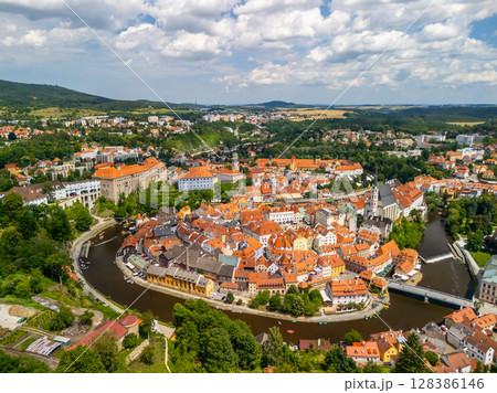 aerial view cityscape of historical city Cesky Krumlov castle, river Vltava, Czech republic aerial view cityscape of historical city Cesky Krumlov castle, river Vltava, Czech republic 128386146