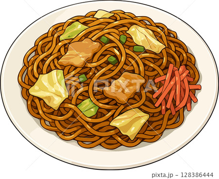 皿に盛りつけられた焼きそばのイラスト 128386444