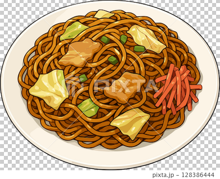 皿に盛りつけられた焼きそばのイラスト 128386444