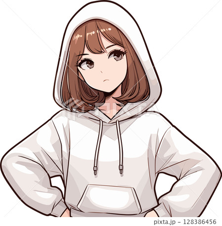 不機嫌そうなフードを被った女性のイラスト 128386456