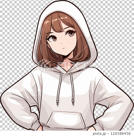 不機嫌そうなフードを被った女性のイラスト 128386456