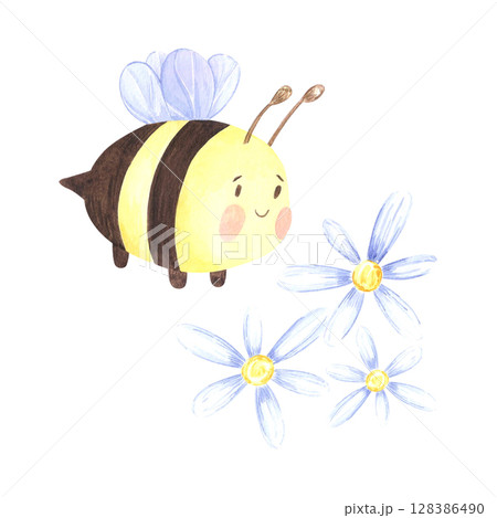 Honey bee with flowers, hand drawn watercolor illustration isolated on white background. Can be used for label, postcards and other printed products. 128386490