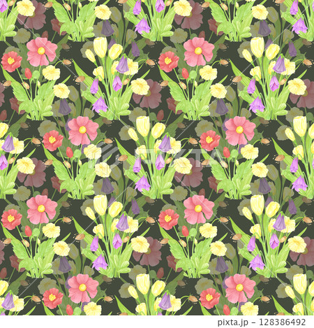 Hand drawn watercolor wildflowers bouquets seamless pattern. Flower of the field isolated on dark background. Can be used for textile, fabric, scrapbook and other printed products. Hand drawn watercolor wildflowers bouquets seamless pattern. Flower of the field isolated on dark background. Can be used for textile, fabric, scrapbook and other printed products. 128386492