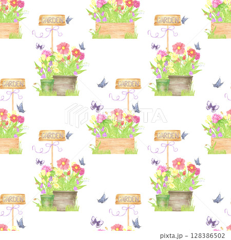 Hand drawn watercolor flowers in pots and boxes. Palisade composition seamless pattern isolated on white background. Can be used for textile, fabric, scrapbook and other printed products. 128386502