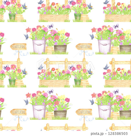 Hand drawn watercolor flowers in pots and boxes with a fence. Palisade composition seamless pattern isolated on white background. Can be used for textile, fabric, scrapbook and other printed products. 128386503