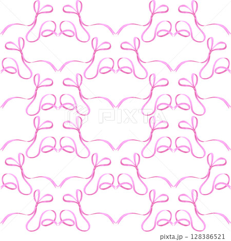 Hand drawn watercolor pink bow ribbon seamless pattern isolated on white background. Can be used for textile, fabric scrapbook and other printed products. 128386521