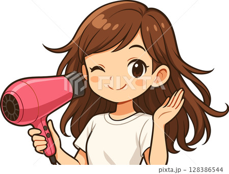 ドライヤーで髪を乾かす女性のイラスト ドライヤーで髪を乾かす女性のイラスト 128386544