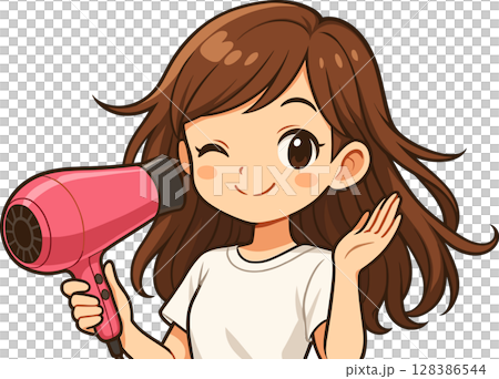 一個女人用吹風機吹乾她的頭髮的插圖 128386544