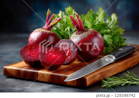 Fresh beetroots with parsley and rosemary resting on a cutting board with knife 128386742