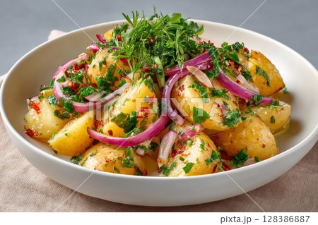 Warm potato salad with red onion, fresh dill and parsley resting in a white bowl 128386887