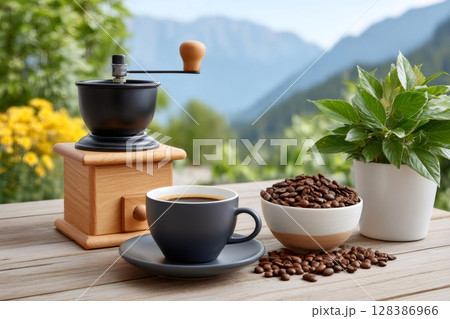 Enjoying a cup of coffee with mountain view, using manual grinder and roasted beans 128386966