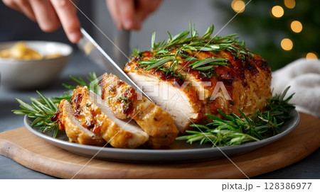 Chef slicing roasted turkey breast with rosemary for Christmas dinner 128386977