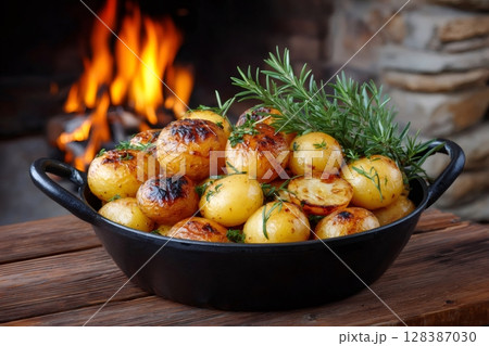 Young potatoes roasting in a pan with rosemary and dill by the fireplace 128387030