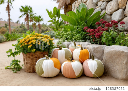 Painted pumpkins and chrysanthemums decorating a garden for autumn festivities 128387031