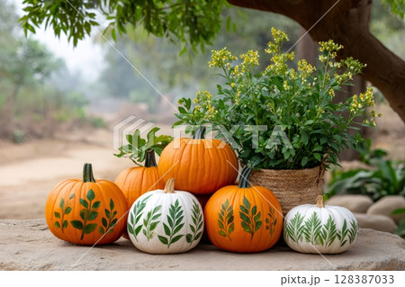 Pumpkins with fern leaf prints decorating a fall themed scene 128387033