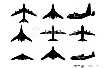 Collection of various Military aircrafts silhouette icon silhouettes on white background. Includes military, cargo, commercial aircraft. For aviation themes. Aviation collection with plane icons Collection of various Military aircrafts silhouette icon silhouettes on white background. Includes military, cargo, commercial aircraft. For aviation themes. Aviation collection with plane icons 128387105